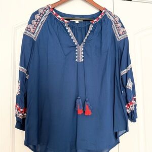 NWOT LOFT Navy Blue Embroidered Blouse